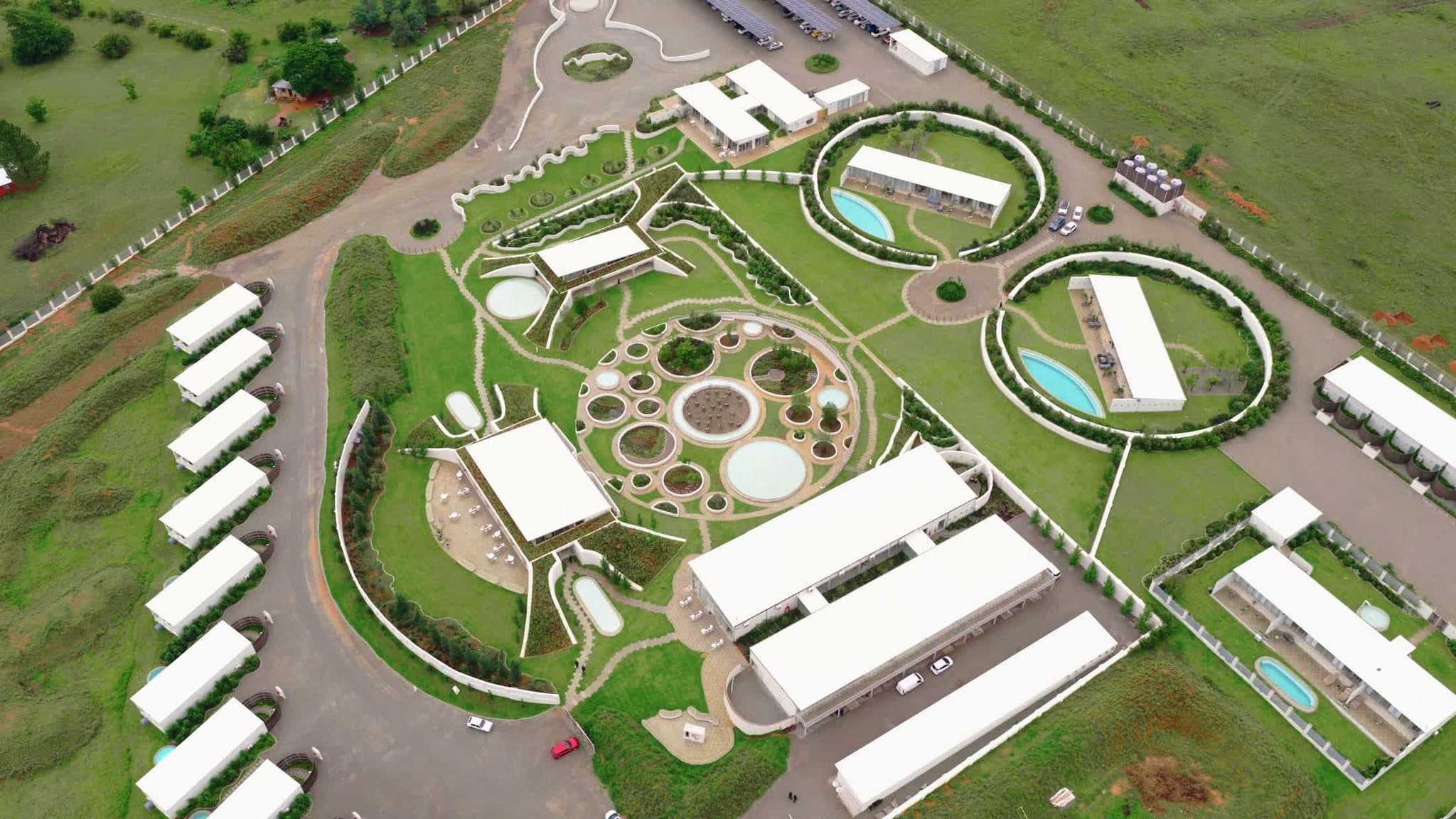 Aerial map of STAY: the fingerprint footprint, Central Mandala, circular suites and pool villas